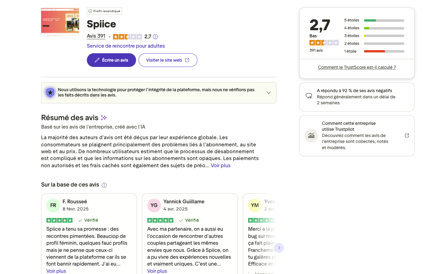 Capture Trustpilot avis Spiice (www.spiice.io)